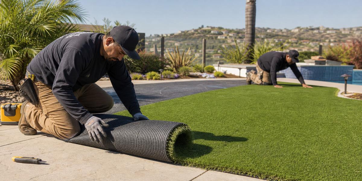 Contractor unrolling artificial turf at a California residential install
