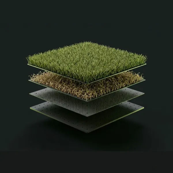 Exploded view of the Elite Pet 80 turf system layers: face yarn, curle